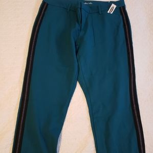 Teal green pixie ankle pants with tuxedo stripe